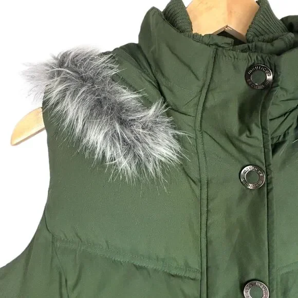 Fun DOWN Puffer VEST Maurices M with Faux Fur on Removable Hood Olive Green - Picture 3 of 13